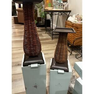 VINTAGE PartyLite ISLAND ESCAPE Metal Rattan Wicker Brown Candle Holders NEW